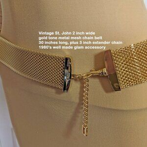 Vintage St. John 2" wide gold tone metal mesh chain belt, 30" long + 3" extender